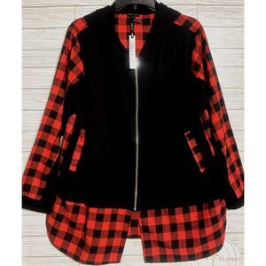 COCO+CARMEN Two toned black red plaid Jacket Shacket w/hood NWT L XL Women's Top